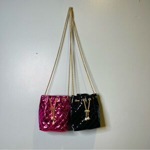 Lot Of 2 Metallic Quilted Crossbody Bucket Bag Hot Pink & Black Gold Chain